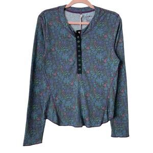 Natural Life Top Women Large Blue Reagan Floral Thermal Waffle Knit Tee Boho NWT